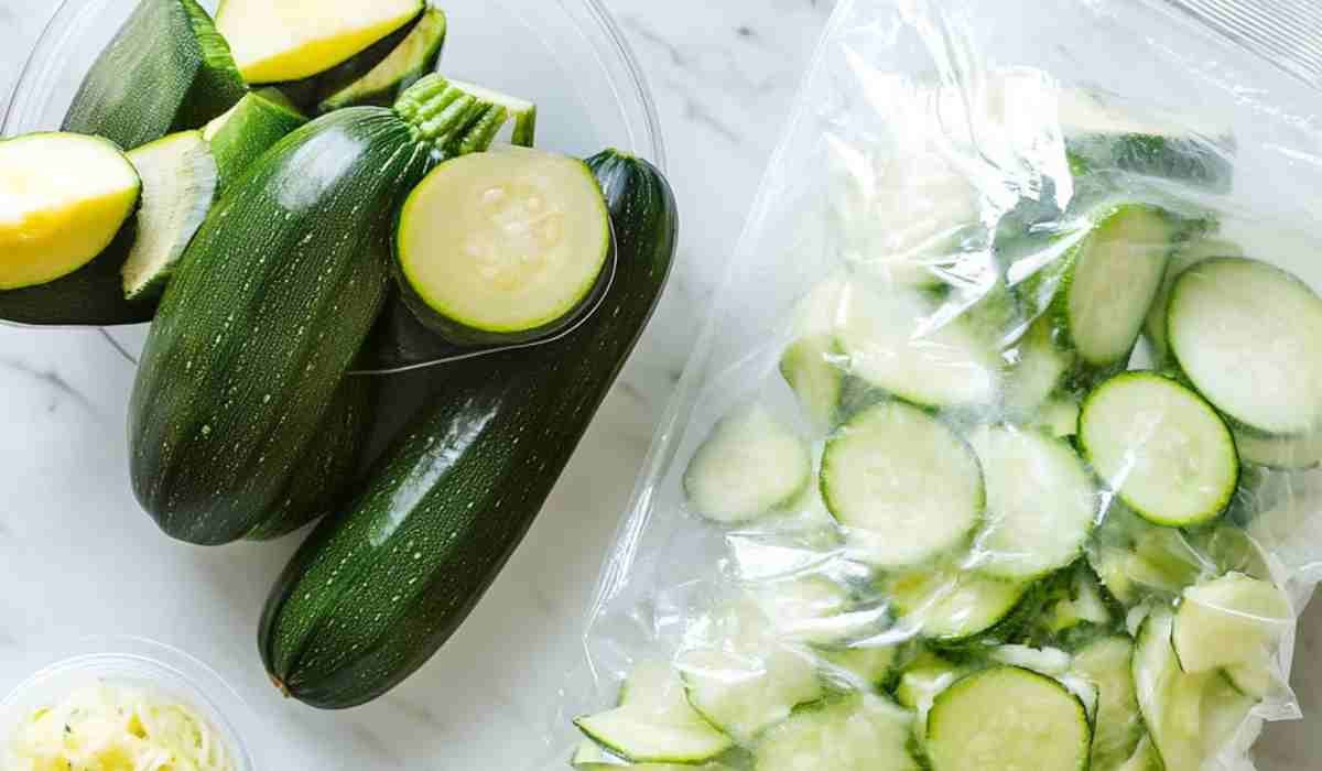 Images of zucchini being sliced, blanched, and frozen for long-term storage; pre-frozen zucchini on a baking sheet; labeled freezer bags filled with frozen zucchini.