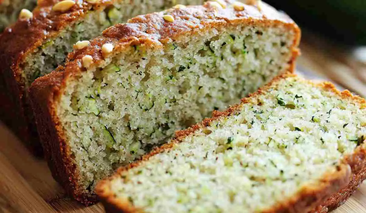 Freshly baked zucchini bread on a wooden cutting board